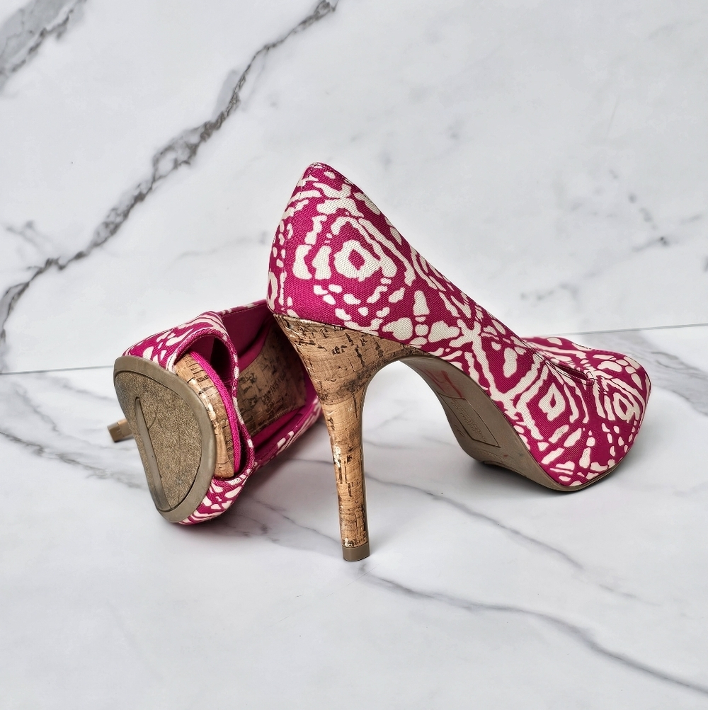 Christian Siriano Pink and Cream Peep Toe Cork Heels Size 9 - Picture 2 of 7